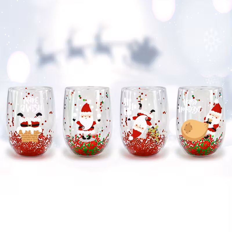 Zestaw 4 szklanek z podwójną ścianką - Świąteczne wzory Mikołaja